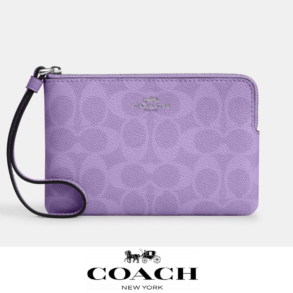 ❤️ Coach Corner Zip Wristlet In Signature Canvas With Stripe Iris